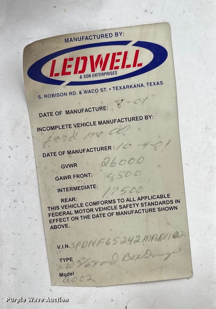 image for item EV3489 2002 Ford F650 dump truck