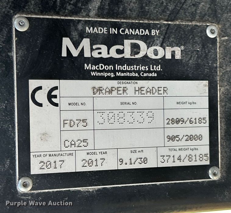 image for item YA1759 2017 MacDon FD75-S flex draper head