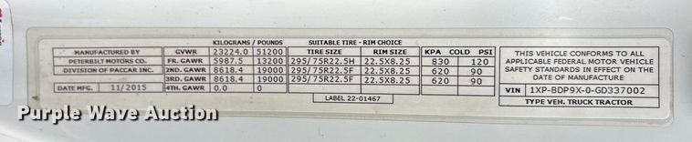 image for item EA7873 2016 Peterbilt 579 semi truck