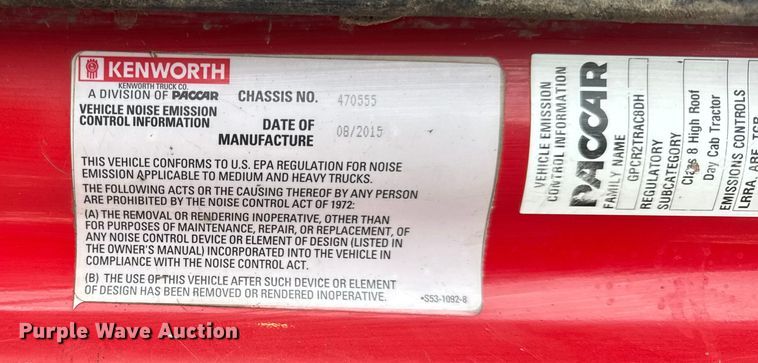 image for item ER0340 2016 Kenworth T880 semi truck