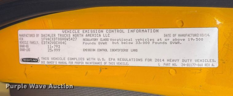 image for item YA1091 2016 Freightliner Business Class M2 box truck