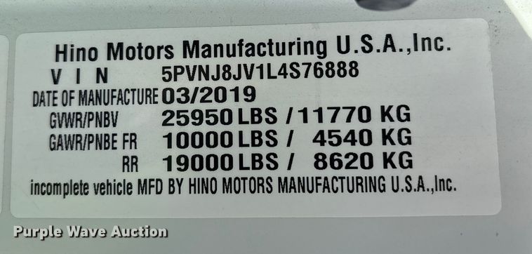 image for item YA1245 2020 Hino 230 box truck