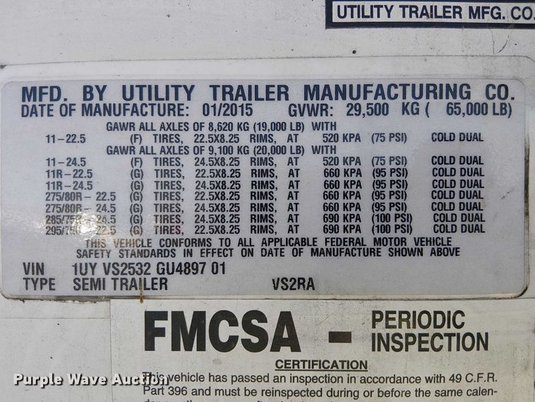 image for item YA1355 2016 Utility VS2RA refrigerated van trailer