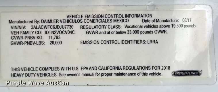 image for item YA1444 2018 Freightliner  Business Class M2 box truck