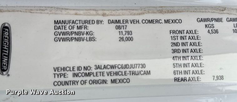 image for item YA1444 2018 Freightliner  Business Class M2 box truck