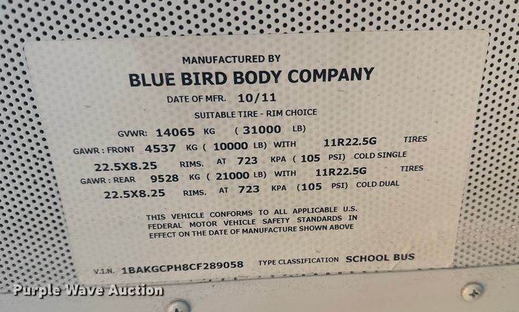 image for item DQ4171 2012 Blue Bird Bb Conventional school bus