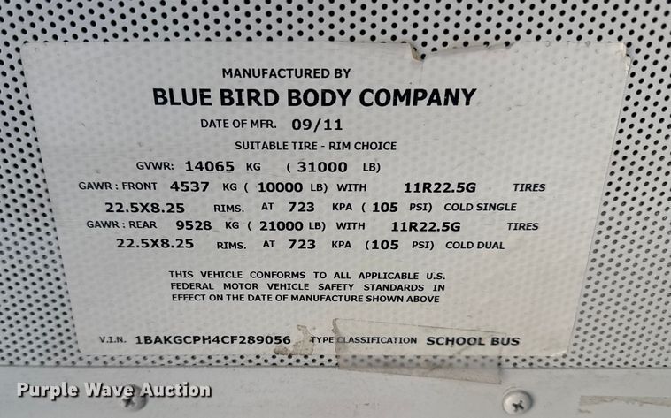 image for item DQ4172 2012 Blue Bird Bb Conventional school bus