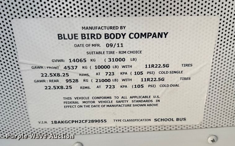image for item DQ4173 2012 Blue Bird Bb Conventional school bus