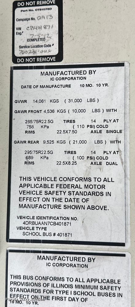 image for item DT6489 2012 IC Bus PB105 school bus