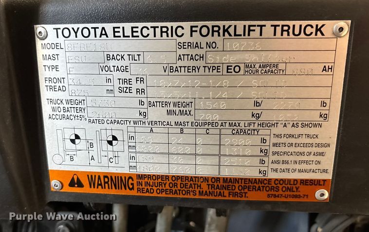 image for item DU0336 2015 Toyota 8FBE18U forklift