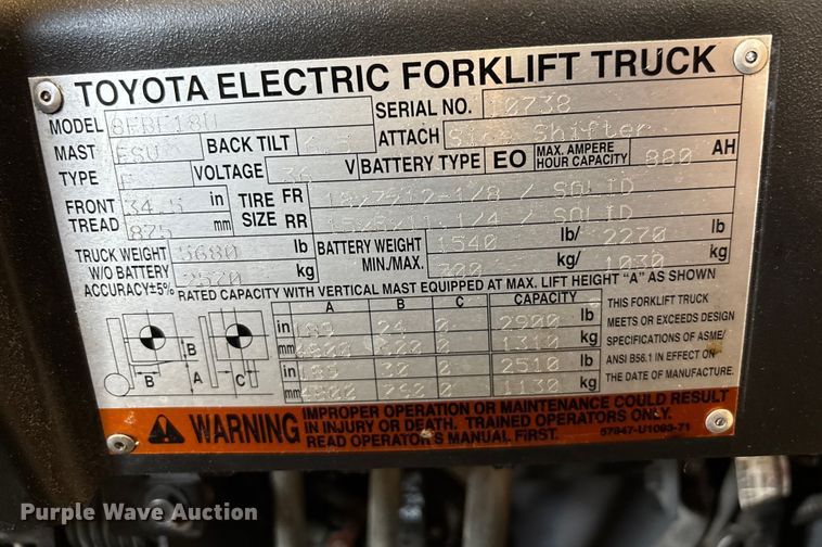 image for item DU0337 2015 Toyota 8FBE18U forklift
