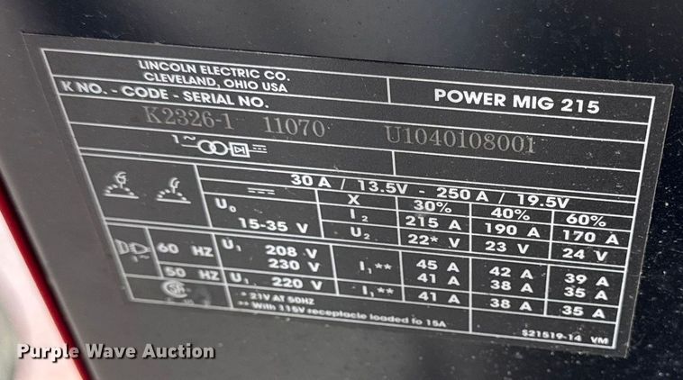 image for item EA2188 Lincoln Electric Power Mig 215 welder