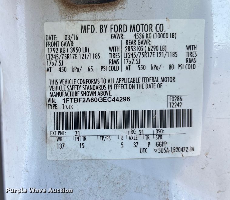 image for item EC1304 2016 Ford F250 Super Duty utility bed pickup truck