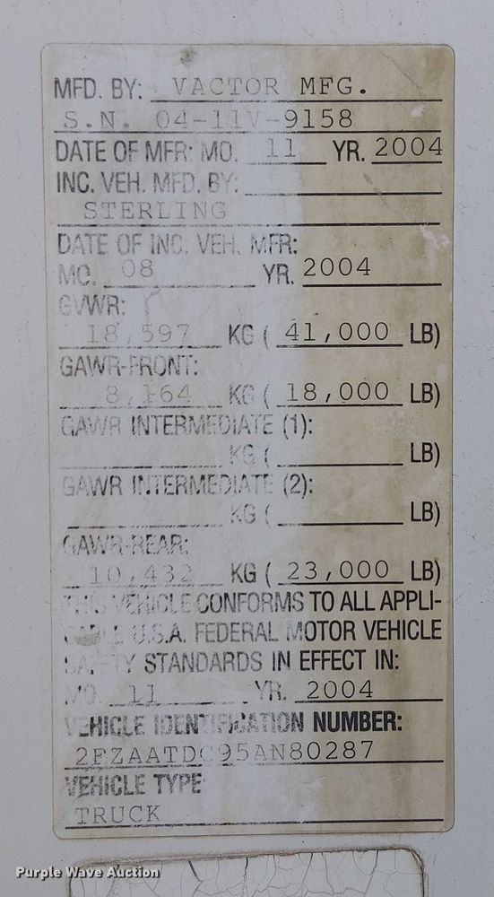 image for item EE5060 2005 Sterling L7500 sewer jetter truck