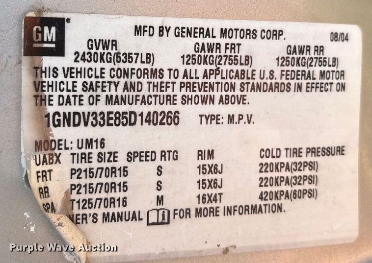 image for item EF6261 2005 Chevrolet Venture van