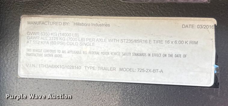image for item EG1747 2016 Hillsboro Industries 725-2X-BT-A equipment trailer