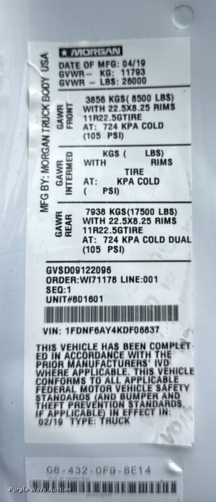 image for item EG1841 2019 Ford F650 Super Duty box truck