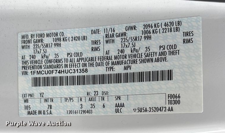 image for item EJ7701 2017 Ford Escape SUV