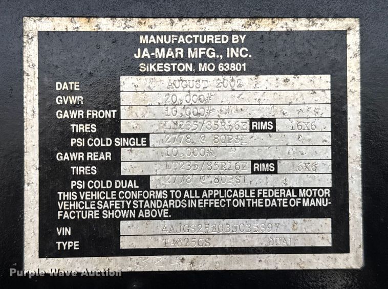 image for item ER0356 2003 JAMAR TA825GS drop deck equipment trailer