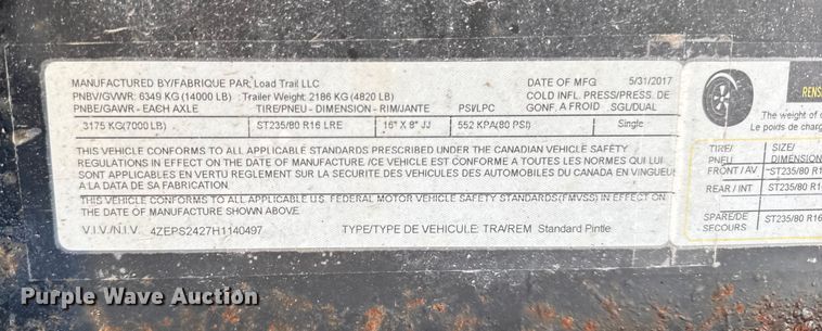 image for item ER0361 2017 Load Trail equipment trailer