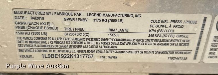 image for item ER0362 2019 Legend Manufacturing 719DVNTA35 enclosed cargo trailer