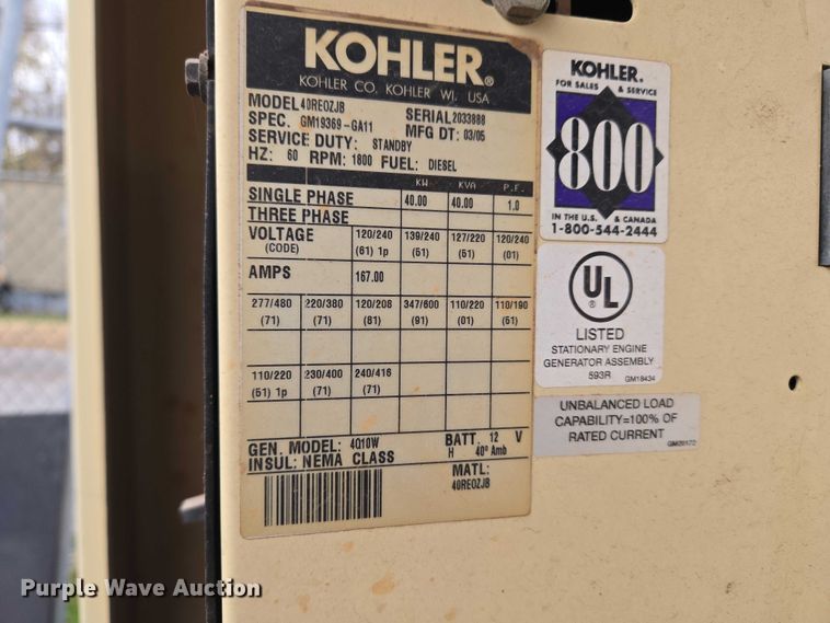 image for item ET5474 Kohler 40RE0ZJB generator
