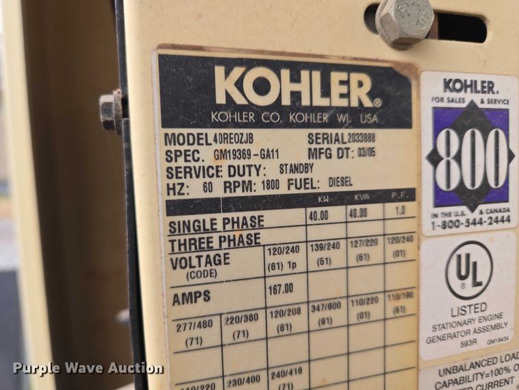 image for item ET5474 Kohler 40RE0ZJB generator