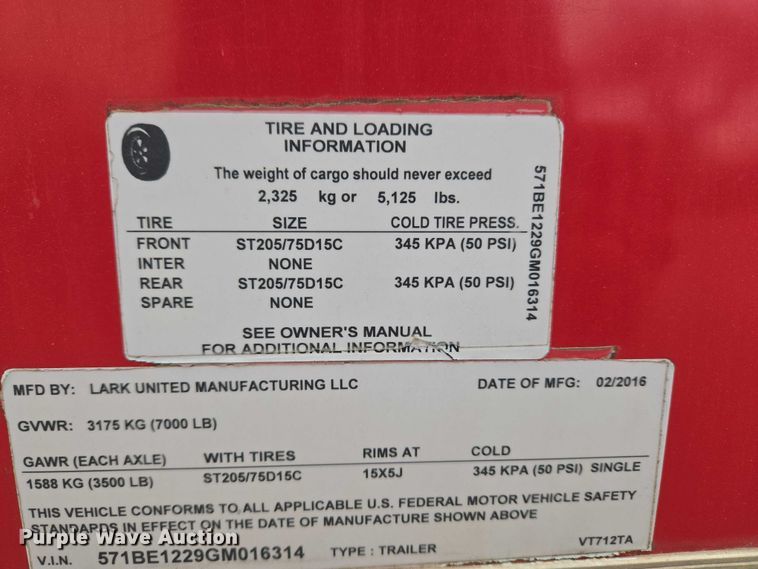 image for item ET5475 2016 Lark United Manufacturing enclosed cargo trailer