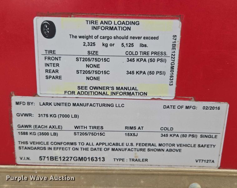 image for item ET5476 2016 Lark United Manufacturing LLC. enclosed cargo trailer