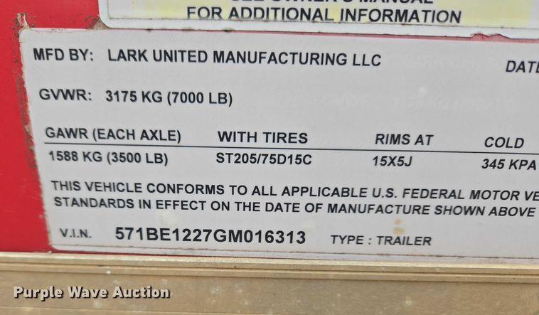 image for item ET5476 2016 Lark United Manufacturing LLC. enclosed cargo trailer