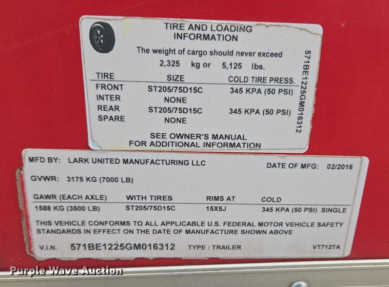 image for item ET5477 2016 Lark United Manufacturing LLC enclosed cargo trailer