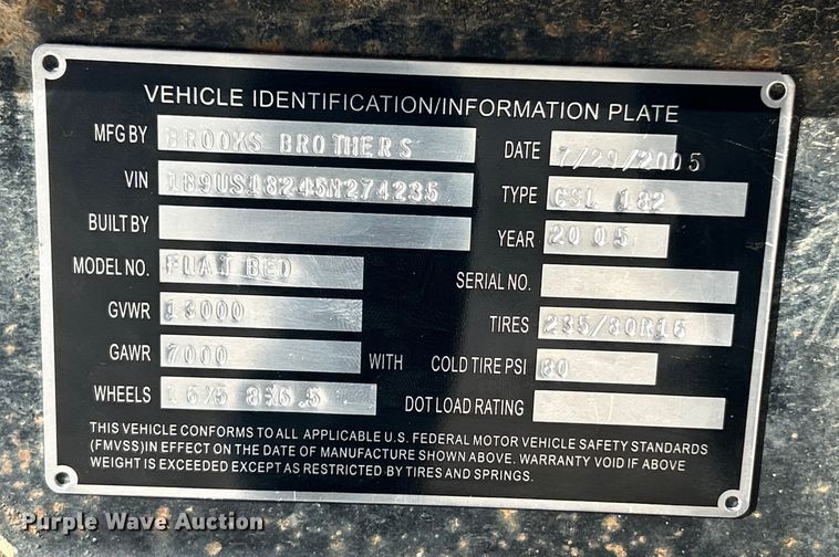 image for item ET6774 2005 Brooks Brothers equipment trailer