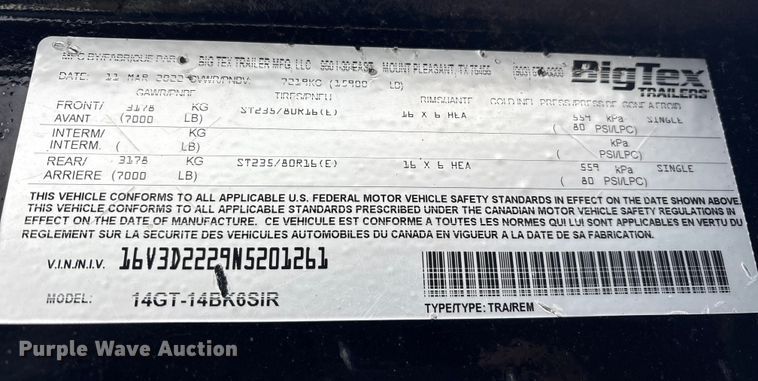 image for item ET7395 2022 Big Tex 14GT-14BK6SIR dump trailer