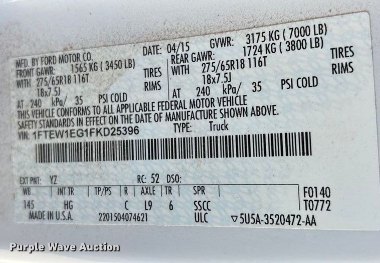 image for item EU4752 2015 Ford F150 Crew Cab pickup truck