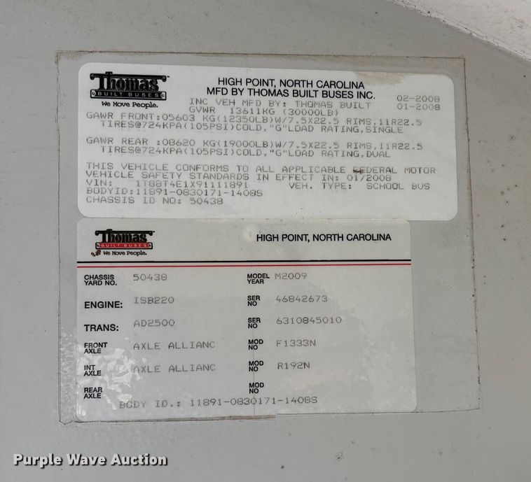 image for item EV3387 2009 Thomas Built Mvp-ef school bus