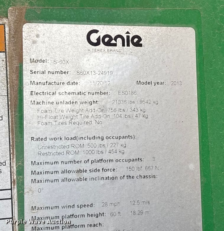 image for item DW7361 2013 Genie S60 boom lift