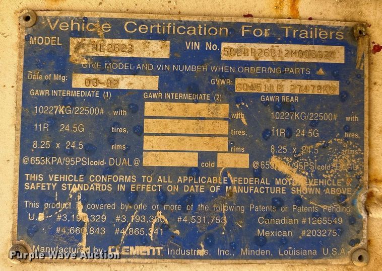 image for item DY0862 2002 Clement HL2623 end dump trailer