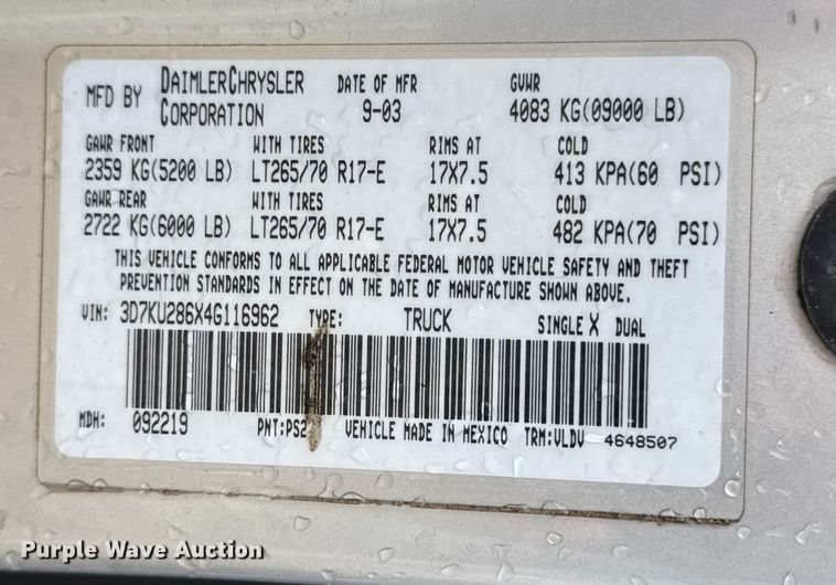 image for item EA2219 2004 Dodge Ram 2500 Ext. Cab flatbed pickup truck