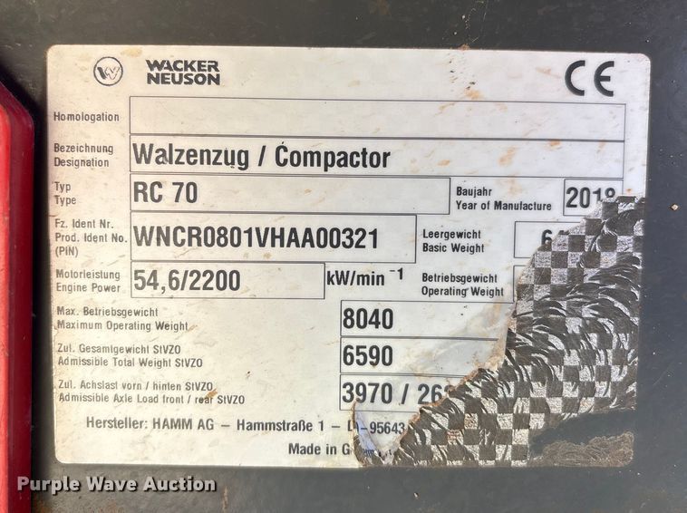 image for item EA6976 2018 Wacker Neuson RC70 single drum vibratory roller