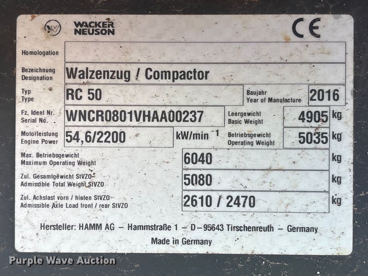 image for item EA7116 2016 Wacker Neuson RC50 single drum vibratory roller