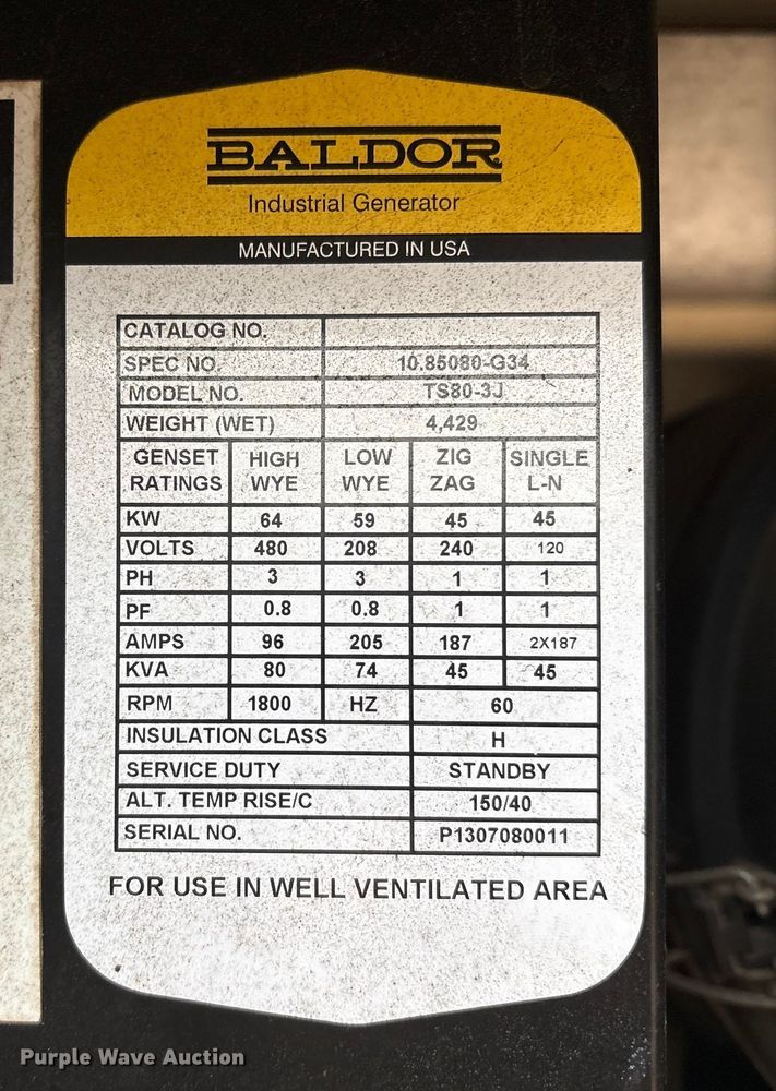 image for item EA7163 2013 Baldor TS80-3J generator