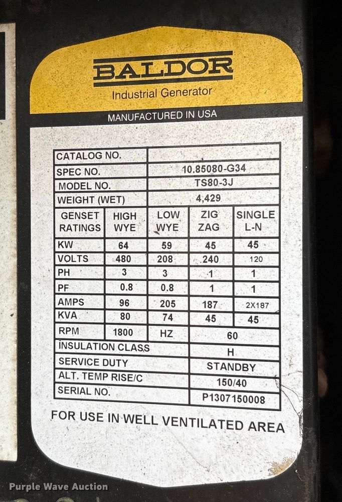 image for item EA7164 2013 Baldor TS80-3J generator