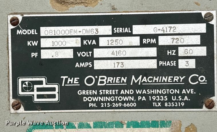 image for item EA7896 O' Brian Machinery 0B1000EM-DW63 generator