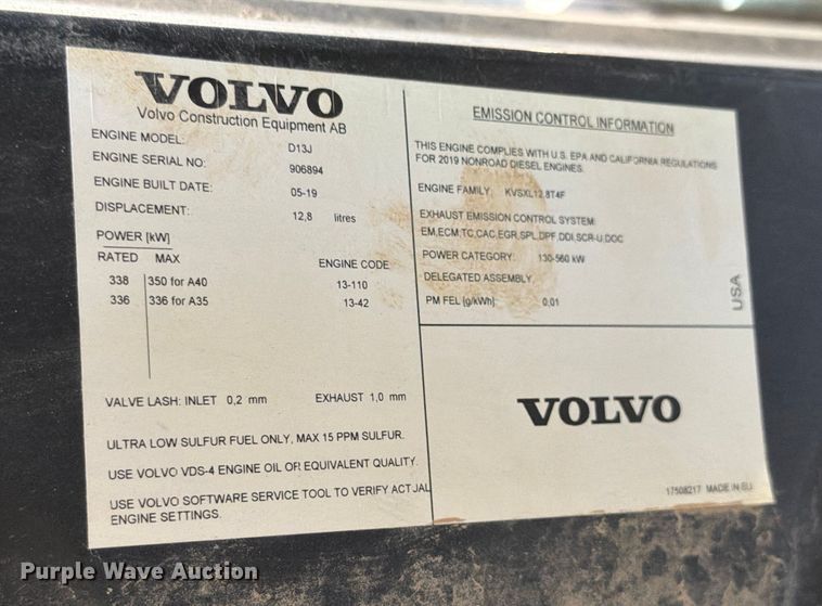 image for item ED5047 2020 Volvo A40G articulated haul truck