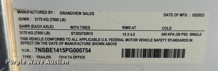 image for item EG1899 2023 Grandview Sales 7X14 TA OFFICE enclosed cargo trailer