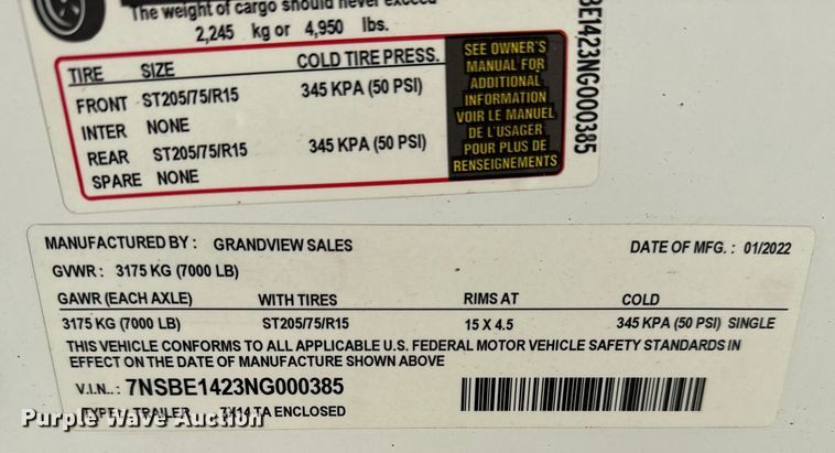 image for item EG1900 2022 Grandview Sales  7X14 TA Enclosed enclosed cargo trailer