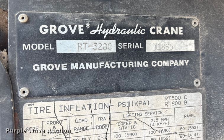 image for item EG8312 1989 Grove Manufacturing RT-528C crane