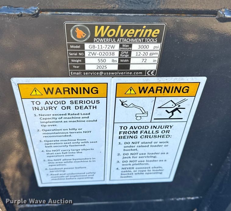 image for item EN0131 2025 Wolverine GB-11-72W skid steer grapple bucket