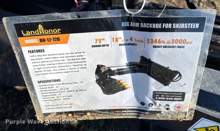 image for item EN0138 LandHonor BH-12-72D skid steer backhoe