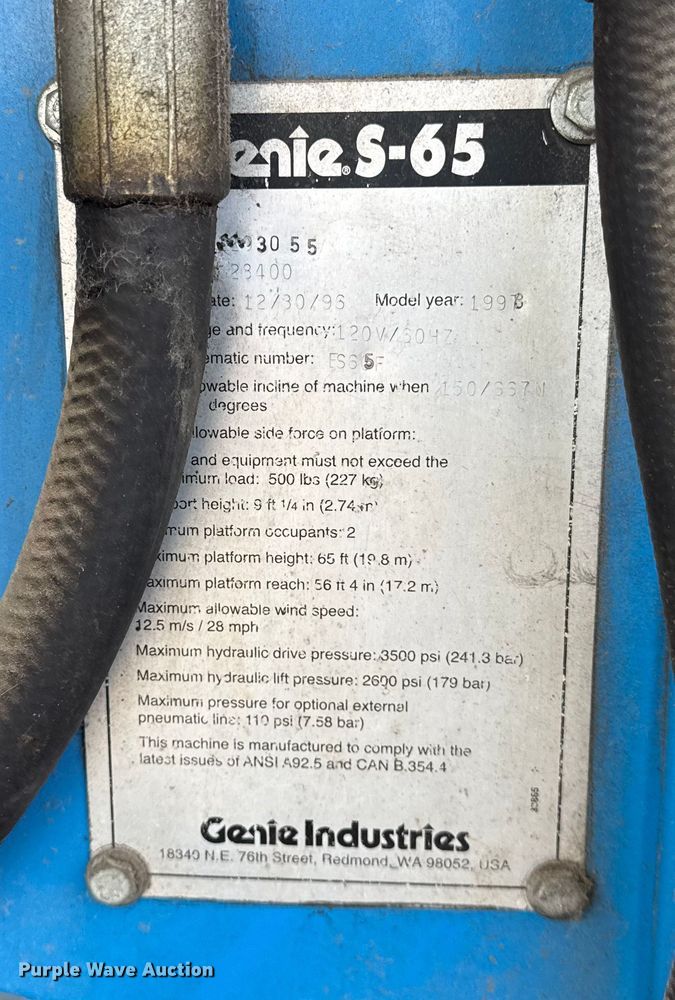image for item ER0355 1998 Genie S65 boom lift